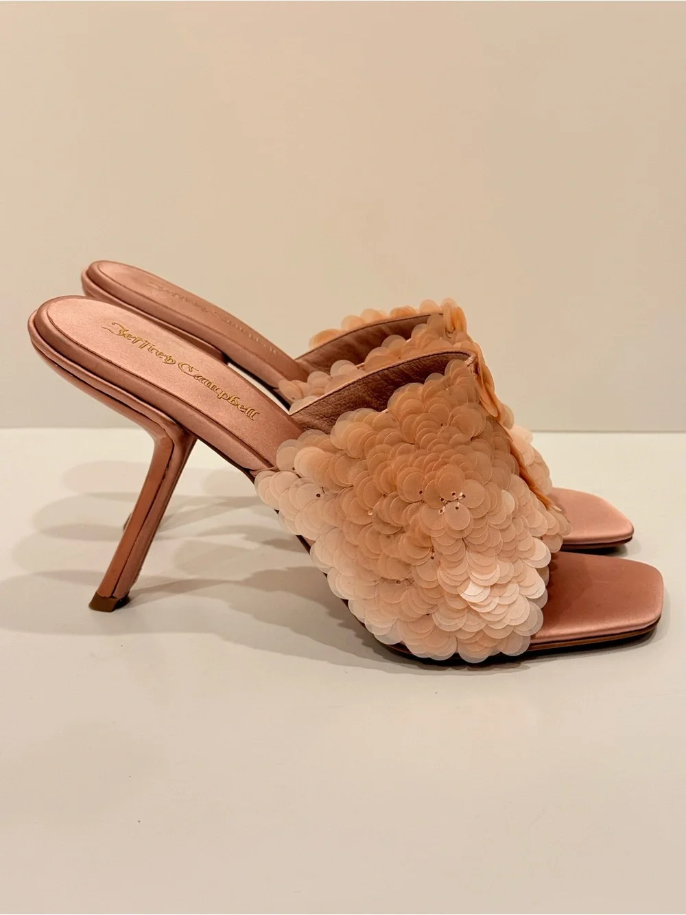 NWOB Jeffrey Campbell Rose Gold Sequin Blush Satin Slide Heels Size 10 Sample - Picture 4 of 14